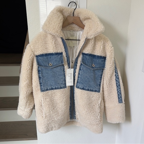 NWT Anthropologie Pilcro Sherpa Denim Mixed Utility Jacket in Cream and Blue - Picture 3 of 7